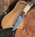 Handmade Damascus Steel Hunting Knife with Leather Sheath, Custom Fixed Blade Knife, pinecone Resin Handle Knife, Groomsmen Gift for Him