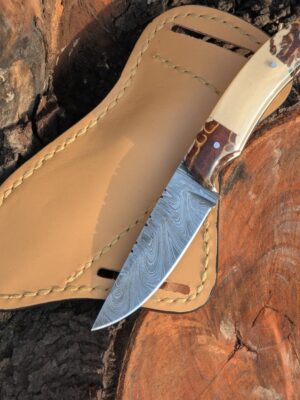 Handmade Damascus Steel Hunting Knife with Leather Sheath, Custom Fixed Blade Knife, pinecone Resin Handle Knife, Groomsmen Gift for Him