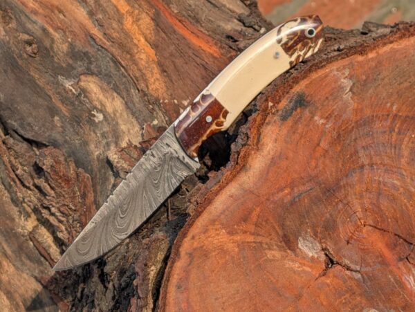 Handmade Damascus Steel Hunting Knife with Leather Sheath, Custom Fixed Blade Knife, pinecone Resin Handle Knife, Groomsmen Gift for Him