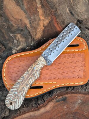 Handforged Bull Cutter Knife, Custom Handmade Leather Holster Sheath, Exotic pinecon Resin Handle, Cowboy Rancher Gift for Him, Outdoor Knife
