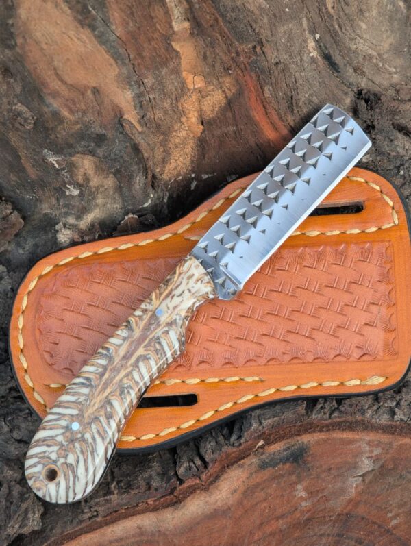 Handforged Bull Cutter Knife, Custom Handmade Leather Holster Sheath, Exotic pinecon Resin Handle, Cowboy Rancher Gift for Him, Outdoor Knife