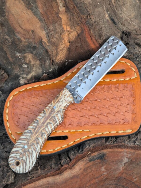 Handforged Bull Cutter Knife, Custom Handmade Leather Holster Sheath, Exotic pinecon Resin Handle, Cowboy Rancher Gift for Him, Outdoor Knife