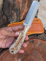 Handforged Bull Cutter Knife, Custom Handmade Leather Holster Sheath, Exotic pinecon Resin Handle, Cowboy Rancher Gift for Him, Outdoor Knife