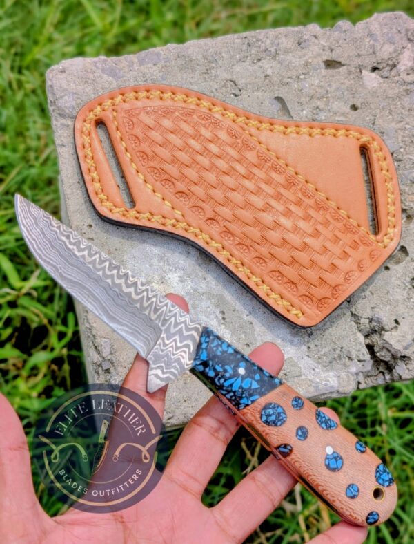 Handmade Damascus Hunting Knife with Turquoise Handle & Custom Leather Sheath