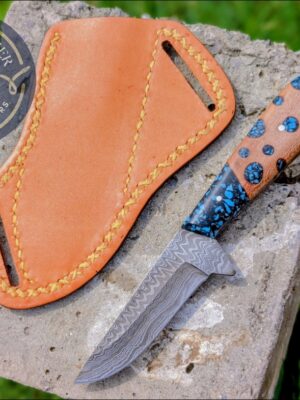 Handmade Damascus Hunting Knife with Turquoise Handle & Custom Leather Sheath