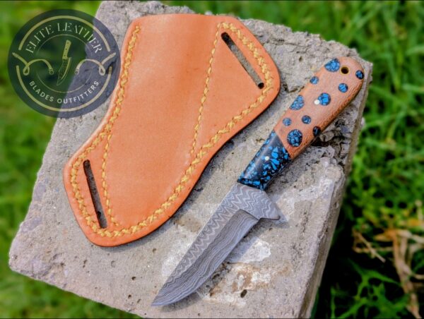 Handmade Damascus Hunting Knife with Turquoise Handle & Custom Leather Sheath