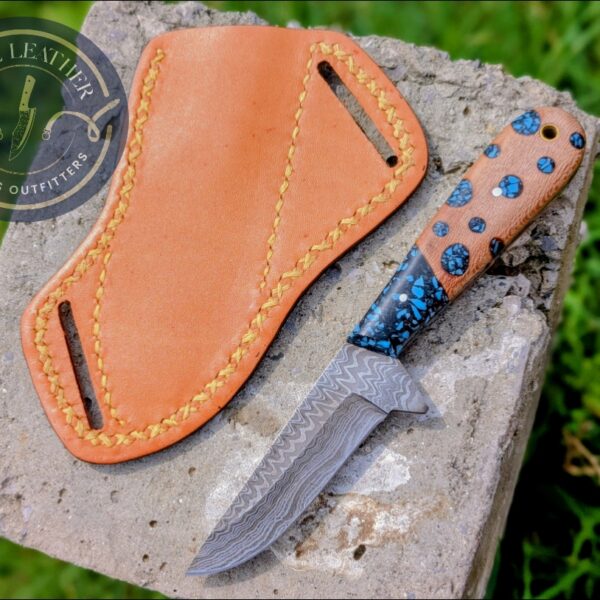 Handmade Damascus Hunting Knife with Turquoise Handle & Custom Leather Sheath