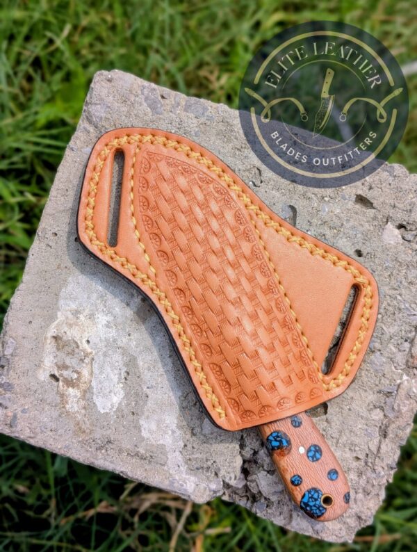 Handmade Damascus Hunting Knife with Turquoise Handle & Custom Leather Sheath