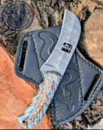 Handcrafted Lineman Knife, Damascus Steel Blade, Turquoise Pine Cone Handle, Western Style Knife with Leather Sheath