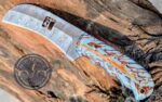 Handcrafted Lineman Knife, Damascus Steel Blade, Turquoise Pine Cone Handle, Western Style Knife with Leather Sheath
