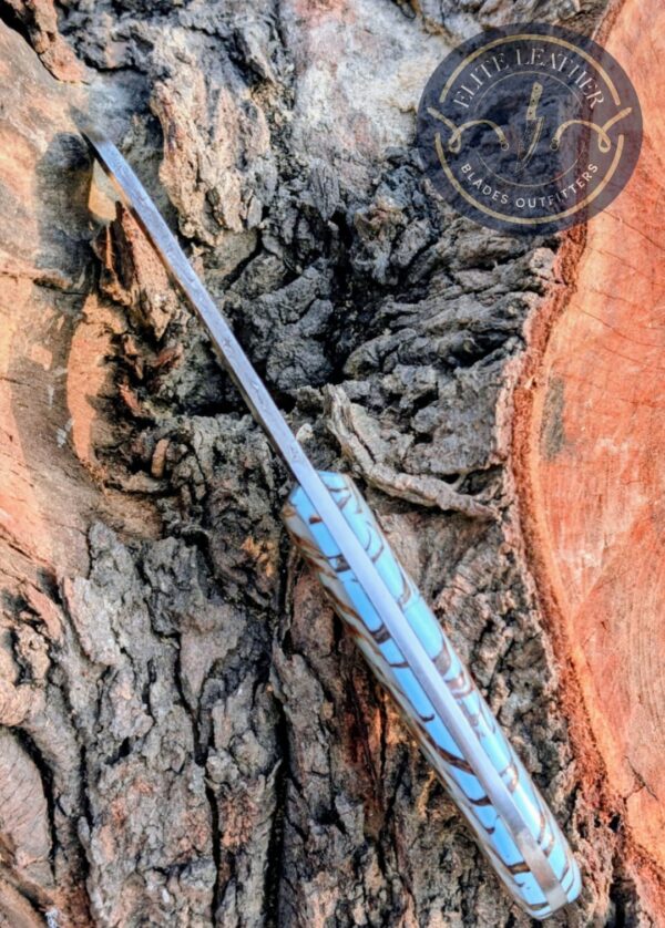 Handcrafted Lineman Knife, Damascus Steel Blade, Turquoise Pine Cone Handle, Western Style Knife with Leather Sheath