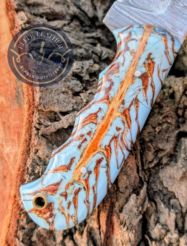 Handcrafted Lineman Knife, Damascus Steel Blade, Turquoise Pine Cone Handle, Western Style Knife with Leather Sheath