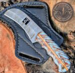 Handcrafted Lineman Knife, Damascus Steel Blade, Turquoise Pine Cone Handle, Western Style Knife with Leather Sheath