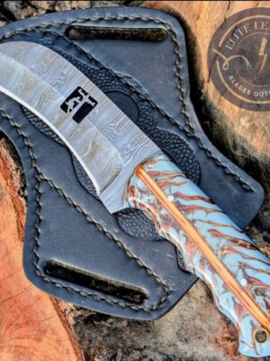 Handcrafted Lineman Knife, Damascus Steel Blade, Turquoise Pine Cone Handle, Western Style Knife with Leather Sheath