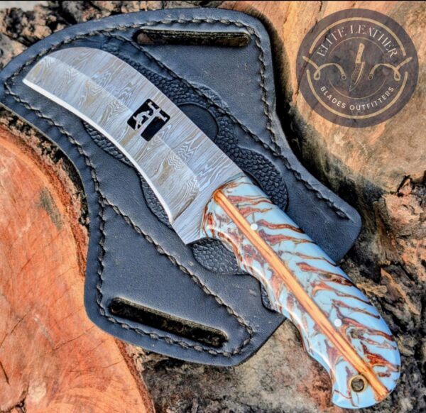 Handcrafted Lineman Knife, Damascus Steel Blade, Turquoise Pine Cone Handle, Western Style Knife with Leather Sheath