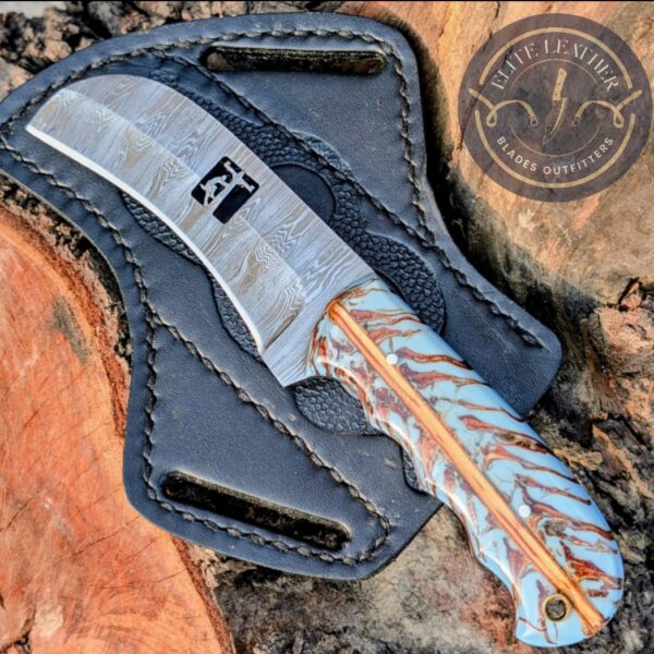 Handcrafted Lineman Knife, Damascus Steel Blade, Turquoise Pine Cone Handle, Western Style Knife with Leather Sheath