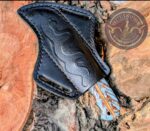Handcrafted Lineman Knife, Damascus Steel Blade, Turquoise Pine Cone Handle, Western Style Knife with Leather Sheath