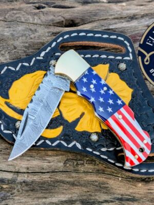 Custom Damascus Folding Knife – USA Flag 🇺🇸