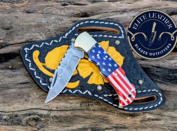 Custom Damascus Folding Knife – USA Flag 🇺🇸