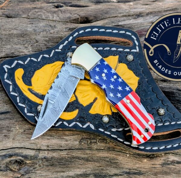 Custom Damascus Folding Knife – USA Flag 🇺🇸