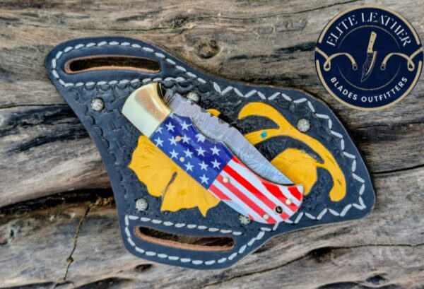 Custom Damascus Folding Knife – USA Flag 🇺🇸