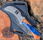 Custom Hand-Forged 8-Inch Tracker Knife with Blue Resin & Wood Handle