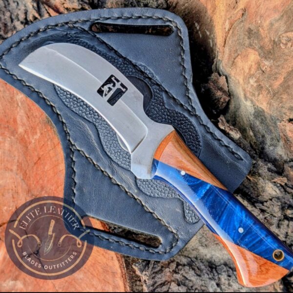 Custom Hand-Forged 8-Inch Tracker Knife with Blue Resin & Wood Handle