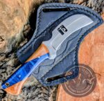 Custom Hand-Forged 8-Inch Tracker Knife with Blue Resin & Wood Handle