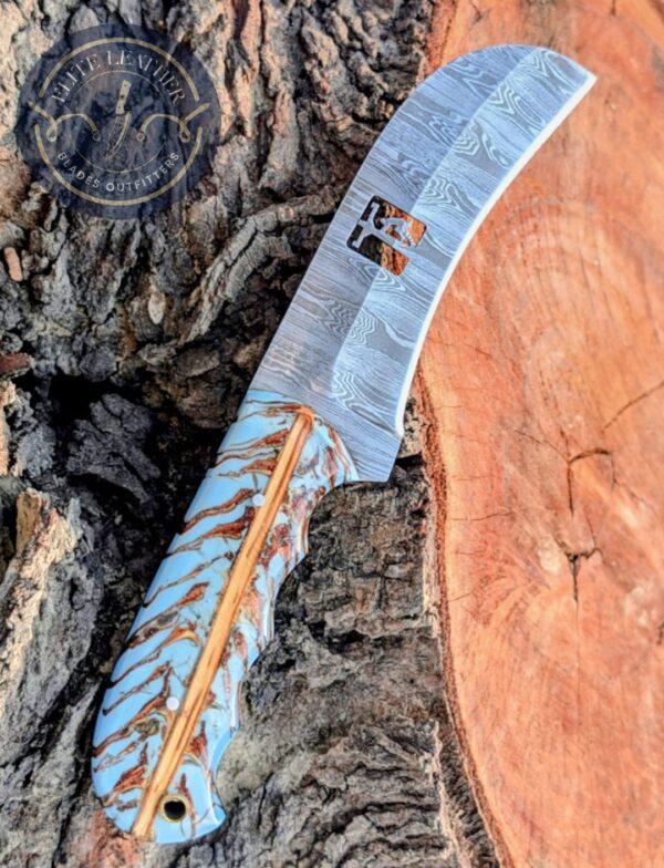 Handcrafted Lineman Knife, Damascus Steel Blade, Turquoise Pine Cone Handle, Western Style Knife with Leather Sheath