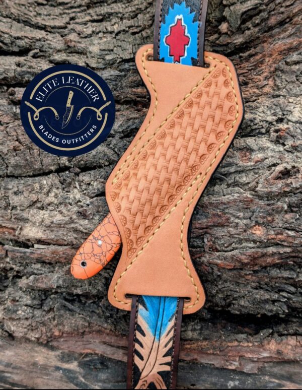 Handmade Western Cowboy Knife – 6.5" Stone Handle Fixed Blade Knife with Hand Tooled Leather Sheath – Rasp Steel EDC Hunting Knife