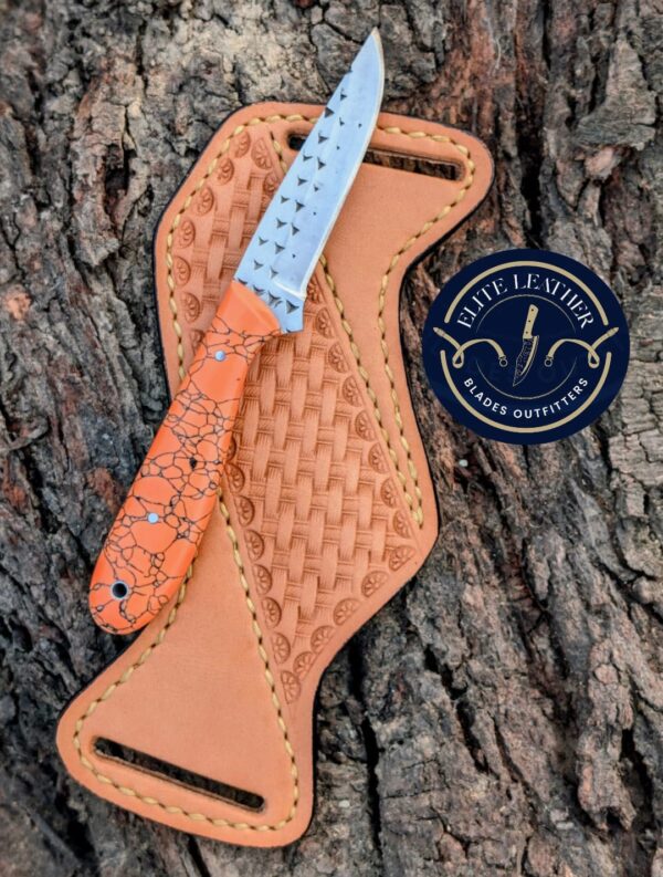 Handmade Western Cowboy Knife – 6.5" Stone Handle Fixed Blade Knife with Hand Tooled Leather Sheath – Rasp Steel EDC Hunting Knife