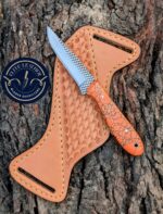 Handmade Western Cowboy Knife – 6.5" Stone Handle Fixed Blade Knife with Hand Tooled Leather Sheath – Rasp Steel EDC Hunting Knife