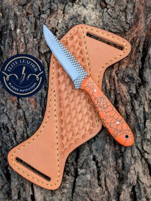 Handmade Western Cowboy Knife – 6.5" Stone Handle Fixed Blade Knife with Hand Tooled Leather Sheath – Rasp Steel EDC Hunting Knife