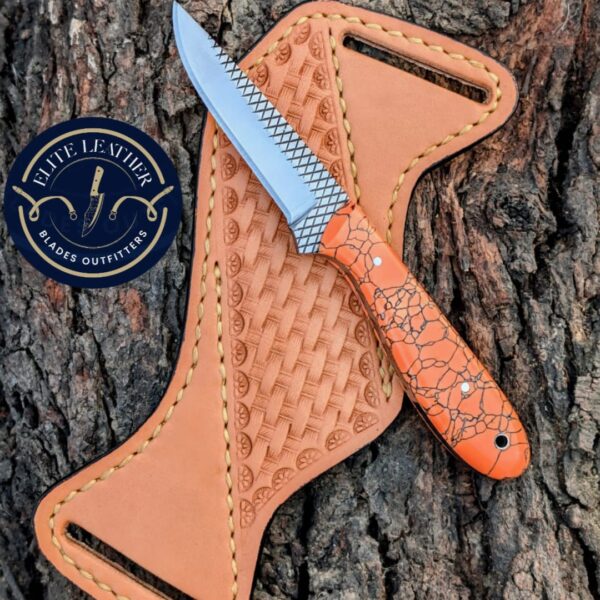 Handmade Western Cowboy Knife – 6.5" Stone Handle Fixed Blade Knife with Hand Tooled Leather Sheath – Rasp Steel EDC Hunting Knife
