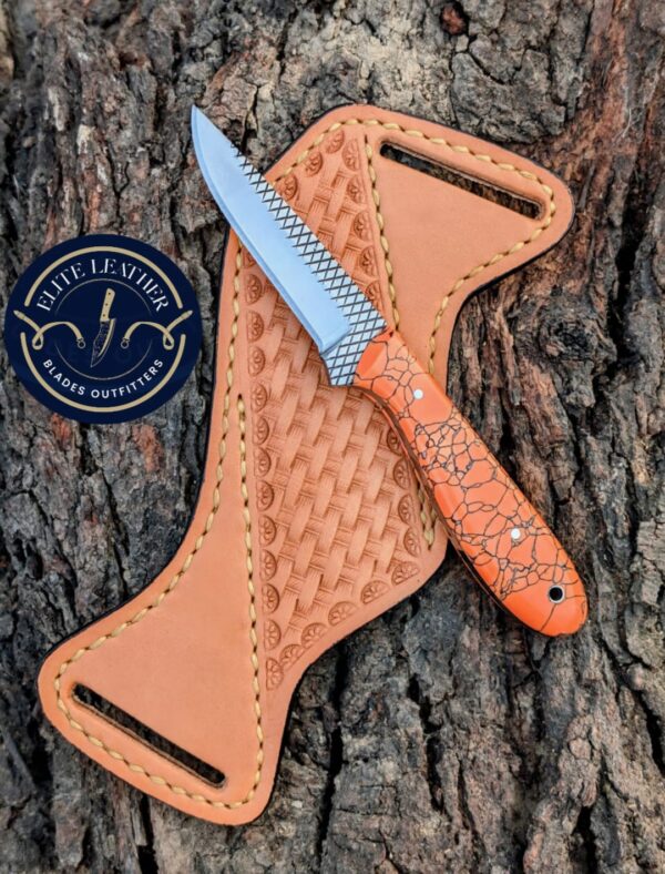 Handmade Western Cowboy Knife – 6.5" Stone Handle Fixed Blade Knife with Hand Tooled Leather Sheath – Rasp Steel EDC Hunting Knife