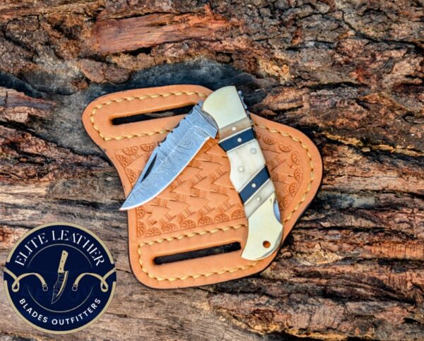 Handmade Damascus Steel Folding Knife – Western Cowboy Style, Bone Handle (6.5" Overall)
