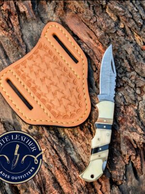 Handmade Damascus Steel Folding Knife – Western Cowboy Style, Bone Handle (6.5" Overall)