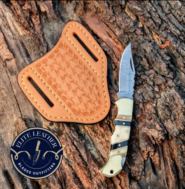 Handmade Damascus Steel Folding Knife – Western Cowboy Style, Bone Handle (6.5" Overall)