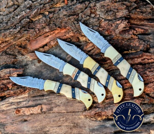 Handmade Damascus Steel Folding Knife – Western Cowboy Style, Bone Handle (6.5" Overall)